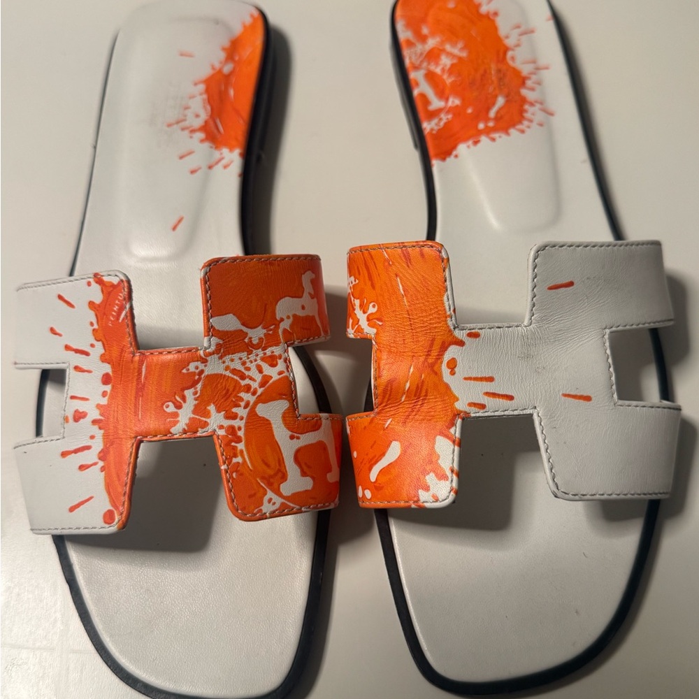 White and Orange Oran Hermes Slide Sandals